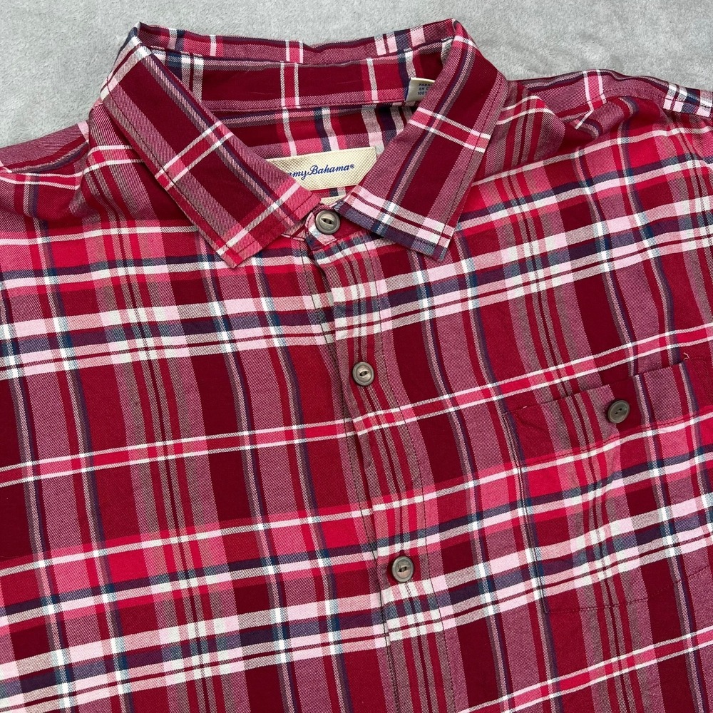 Tommy Bahama Camp Shirt Mens XL Red Manoa Madras Loop Collar Silk Short Sleeve